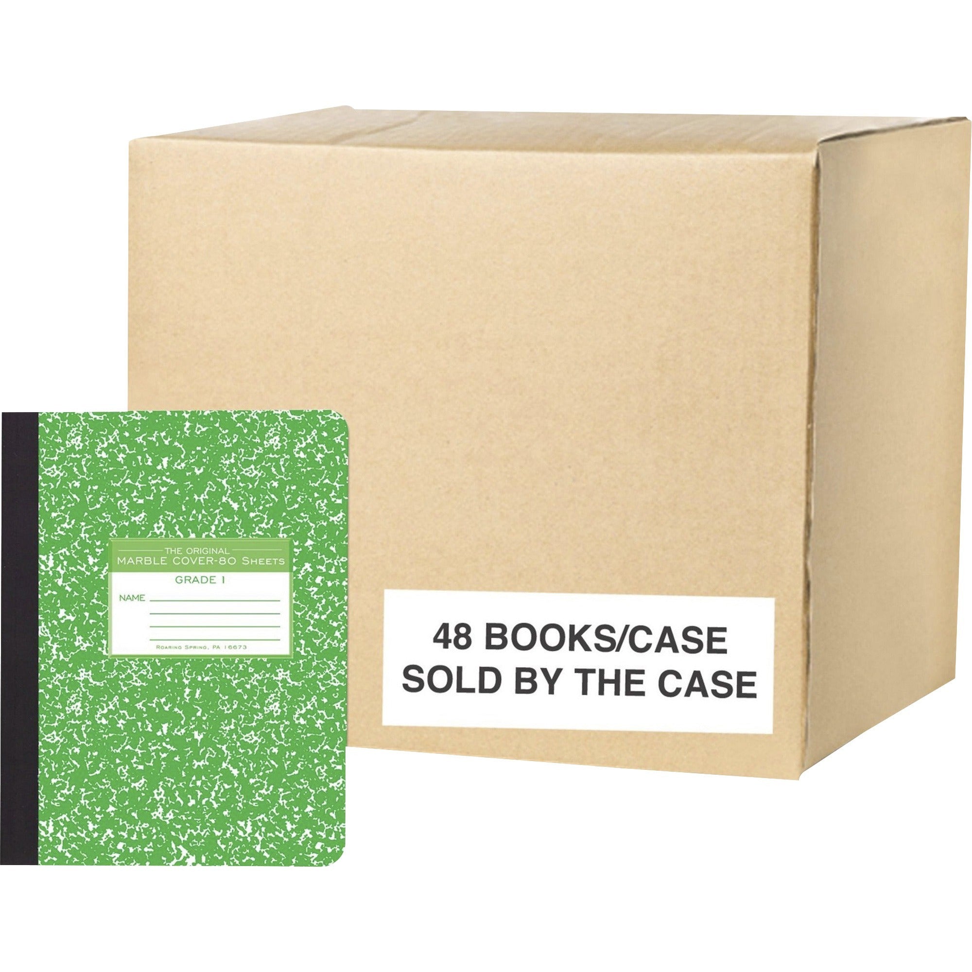 Roaring Spring Grade School Ruled Marble Hard Cover Composition Book, 80 Sheets, 160 Pages, 9-3/4" x 7-1/2", Green Marble Cover, 48 per Carton