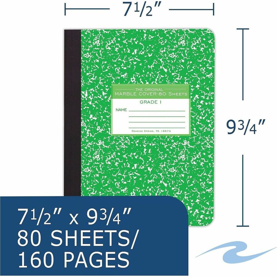 Roaring Spring Grade School Ruled Marble Hard Cover Composition Book, 80 Sheets, 160 Pages, 9-3/4" x 7-1/2", Green Marble Cover, 48 per Carton