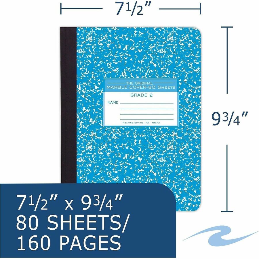 Roaring Spring Grade School Ruled Marble Hard Cover Composition Book, 80 Sheets, 160 Pages, 9-3/4" x 7-1/2", Blue Marble Cover, 48/Carton