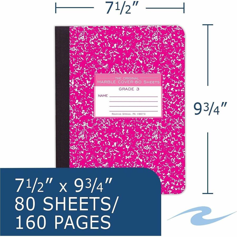 Roaring Spring Grade School Ruled Marble Hard Cover Composition Book, 80 Sheets, 160 Pages, 9 3/4" x 7 1/2", White Paper, Red Marble Hardboard Cover, Sewn/Tapebound, 48 per Carton