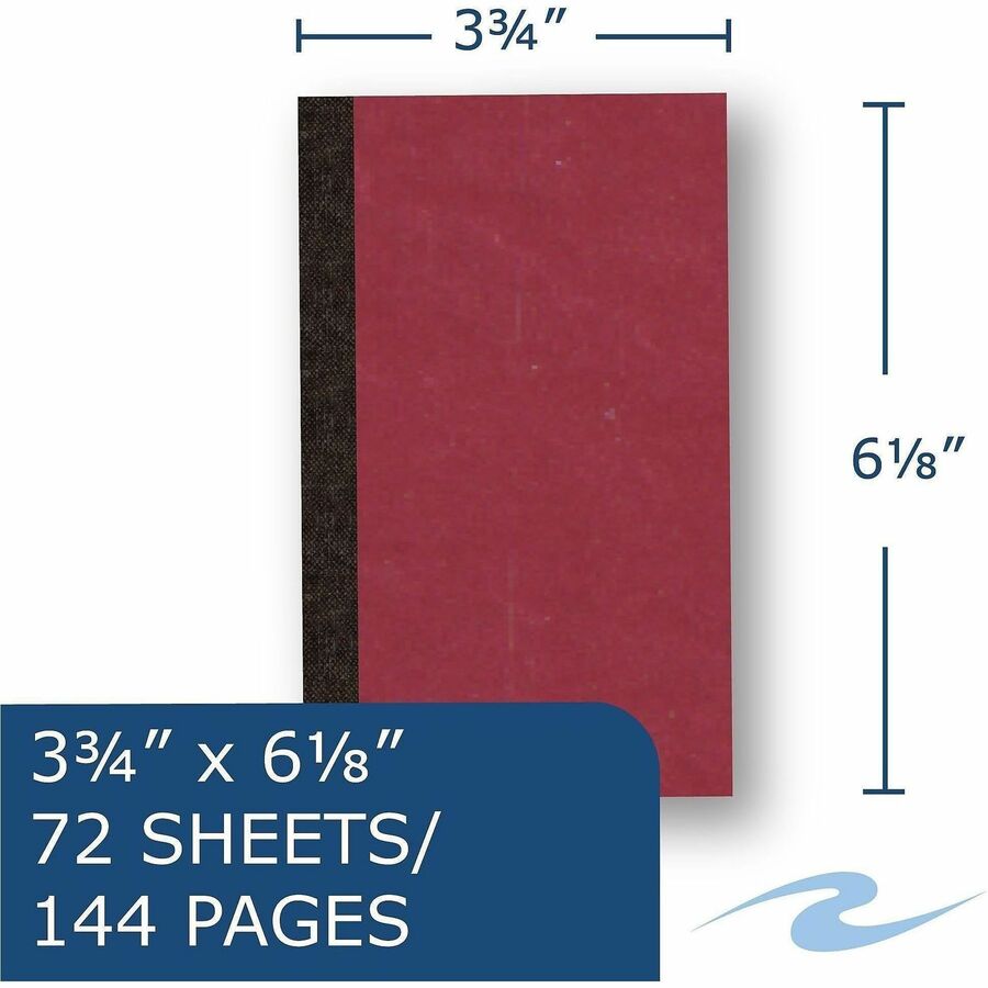 72 Sheets - 144 Pages - Printed - Sewn/Tapebound - Both Side Ruling Surface - 15 lb Basis Weight - 56 g/m² Grammage - 6 1/8" x 3 3/4" Sheet Size - 0.25" Height x 3.8" Width x 6.1" Length - White Paper - Black Binding - 144 / Carton