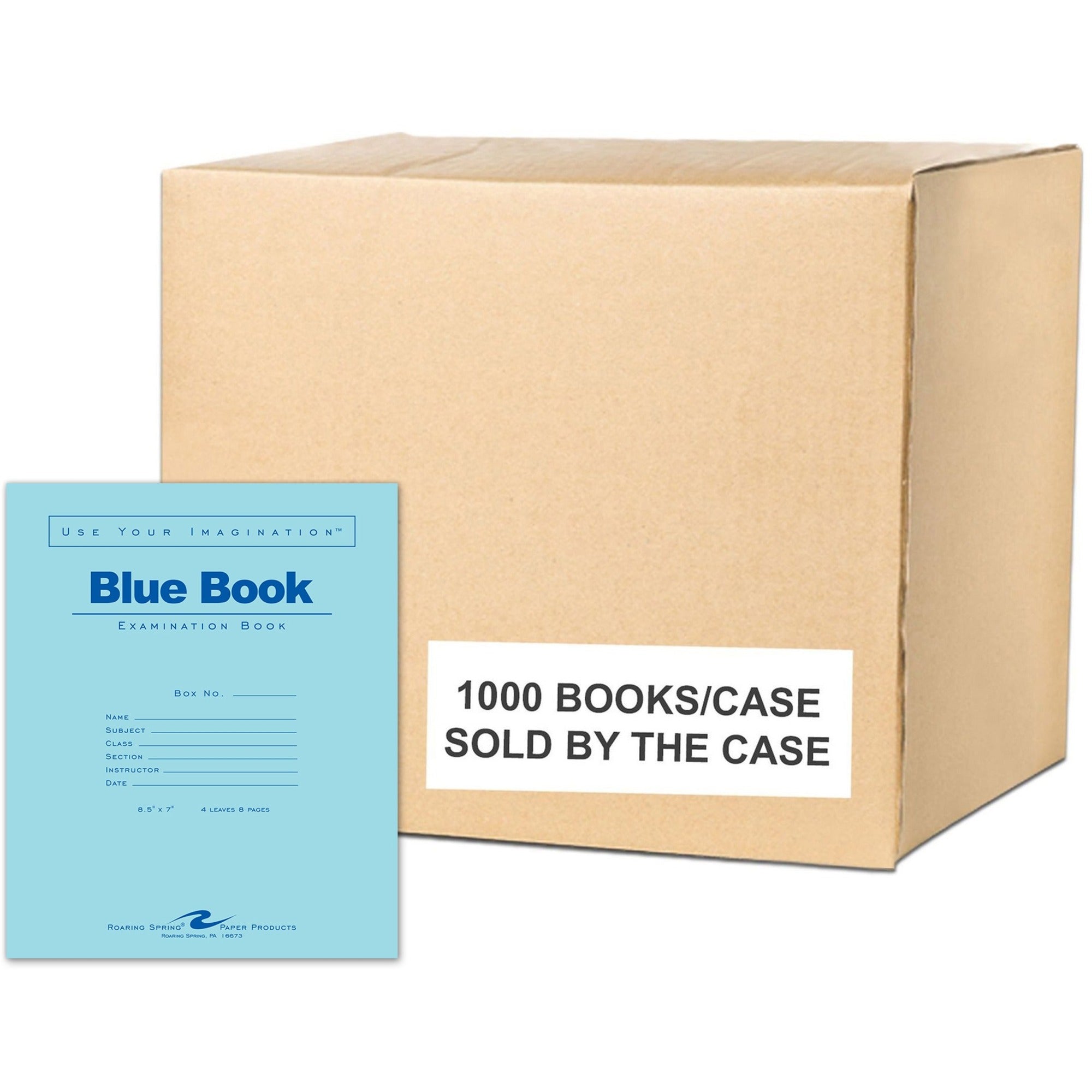 Roaring Spring Blue Examination Book, 4 Sheets, 8 Pages, Wide Ruled, 8.5" x 7", White Paper, Blue Heavyweight Cover, Stapled, 1000 per Carton