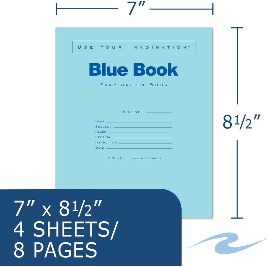 Roaring Spring Blue Examination Book, 4 Sheets, 8 Pages, Wide Ruled, 8.5" x 7", White Paper, Blue Heavyweight Cover, Stapled, 1000 per Carton