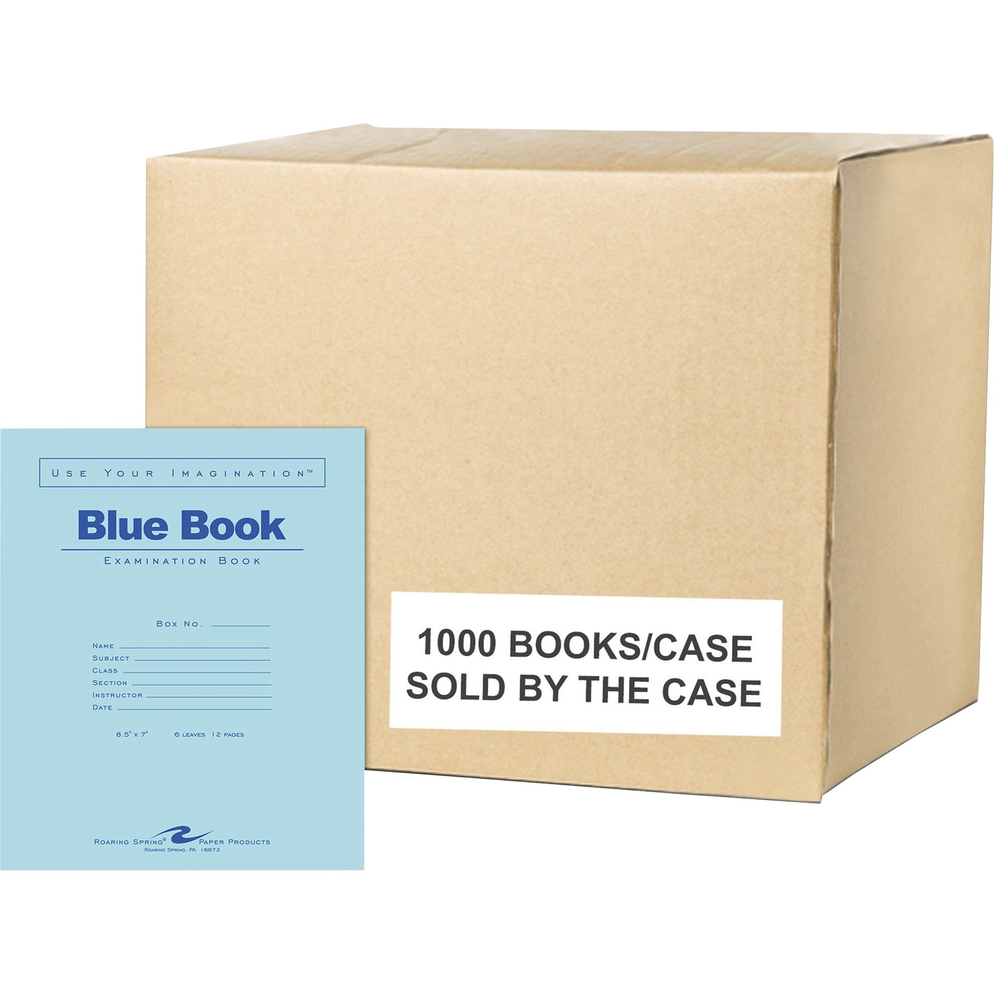Roaring Spring Blue Examination Book, 6 Sheets, 12 Pages, Wide Ruled, 8.5" x 7", Stapled Spine, Blue Heavyweight Cover, 1 Carton