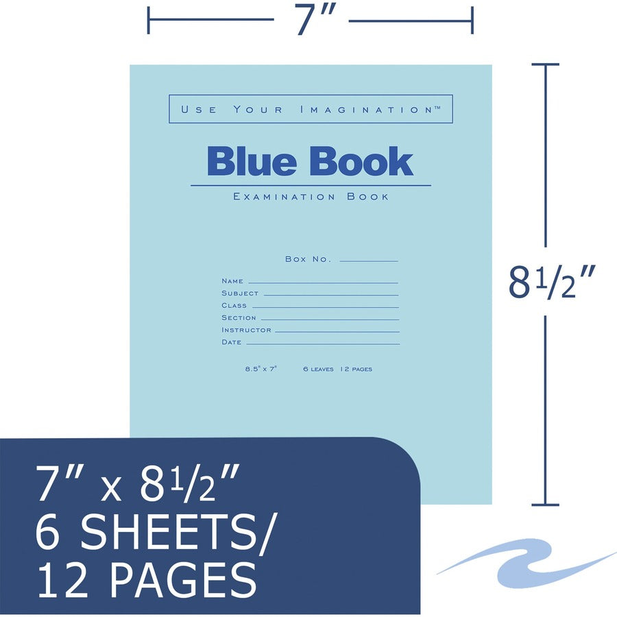 Roaring Spring Blue Examination Book, 6 Sheets, 12 Pages, Wide Ruled, 8.5" x 7", Stapled Spine, Blue Heavyweight Cover, 1 Carton