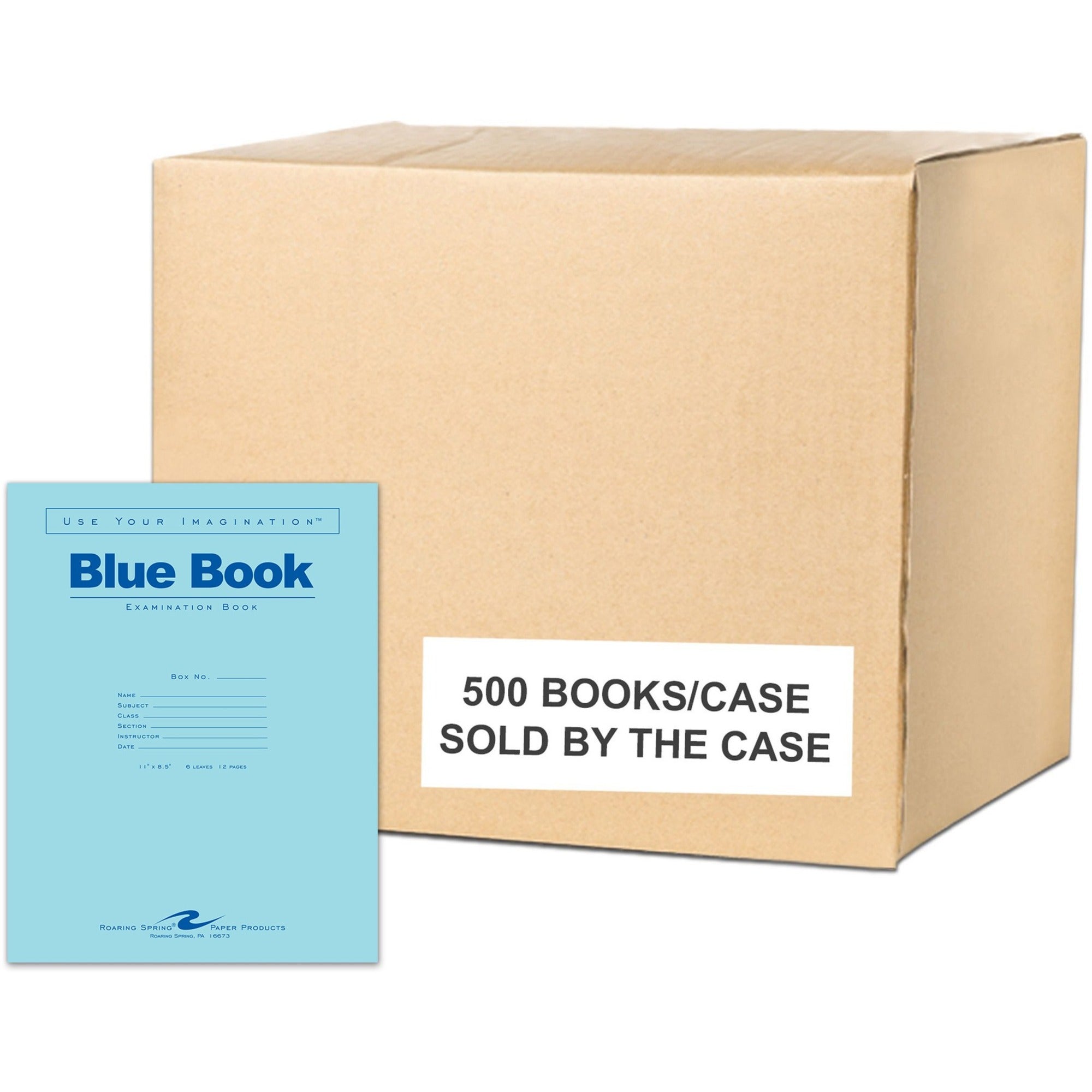 Roaring Spring Blue Examination Book, 6 Sheets, 12 Pages, Wide Ruled, Stapled, Letter Size, White Paper, Blue Heavyweight Cover, 1 Carton