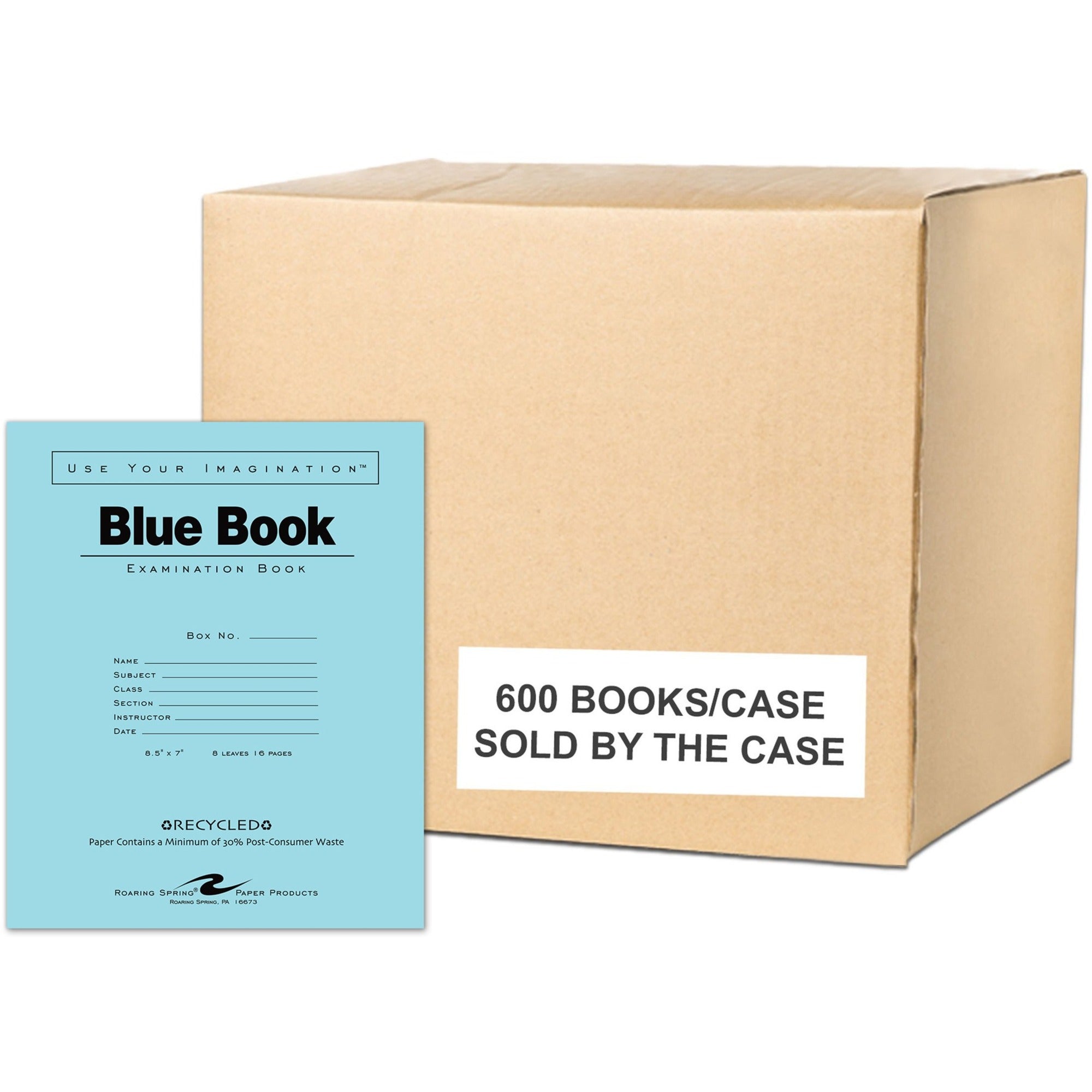 Roaring Spring Blue Examination Book, 8 Sheets, 16 Pages, Wide Ruled, 8.5" x 7", Stapled Spine, Blue Cover, White Recycled Paper, 1 Carton