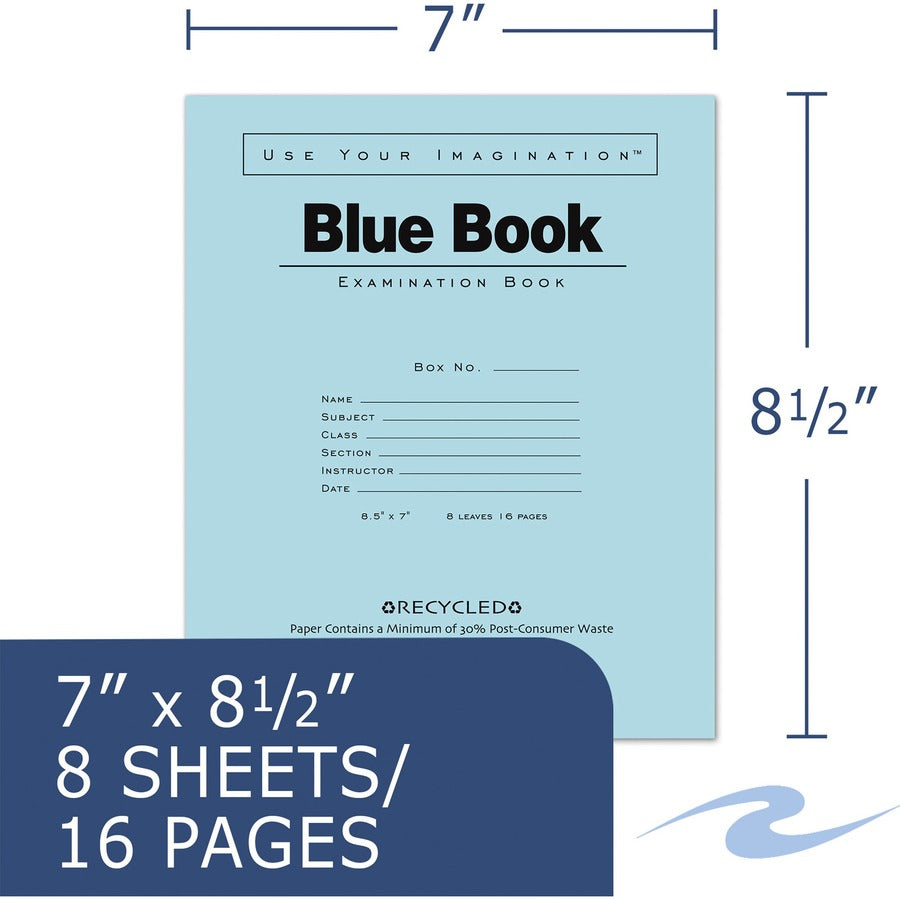 Roaring Spring Blue Examination Book, 8 Sheets, 16 Pages, Wide Ruled, 8.5" x 7", Stapled Spine, Blue Cover, White Recycled Paper, 1 Carton