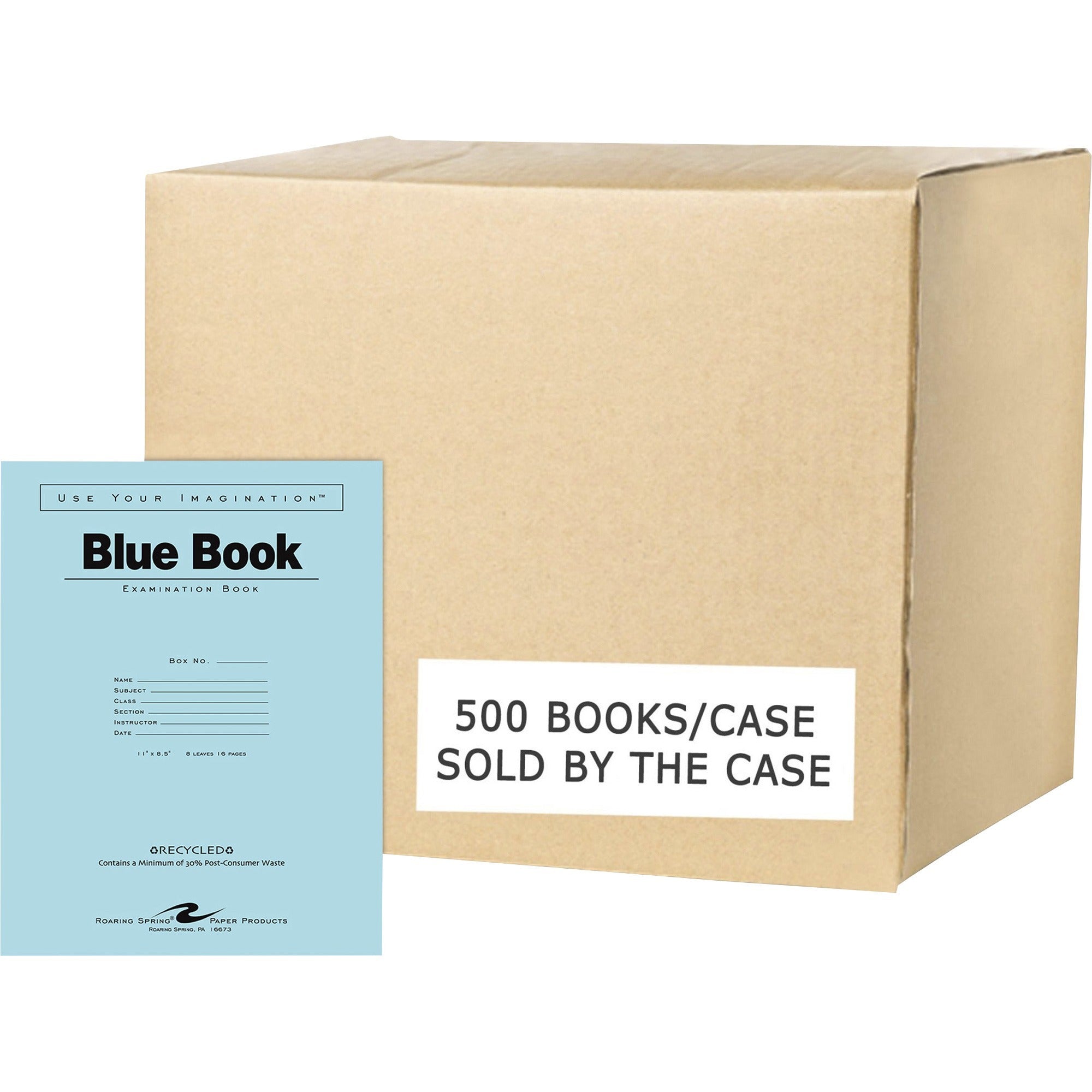 Roaring Spring Blue Examination Book, 8 Sheets (16 Pages), Wide Ruled, Stapled Spine, Blue Cover, 11" x 8.5", White Recycled Paper, 1 Carton