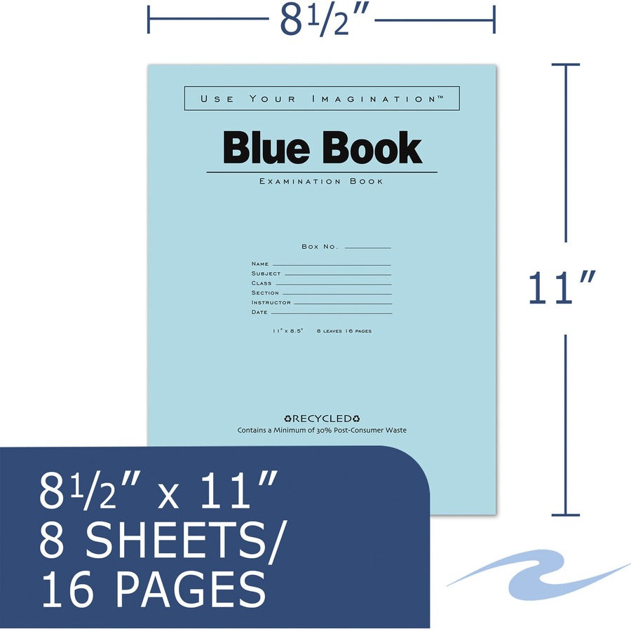 Roaring Spring Blue Examination Book, 8 Sheets (16 Pages), Wide Ruled, Stapled Spine, Blue Cover, 11" x 8.5", White Recycled Paper, 1 Carton