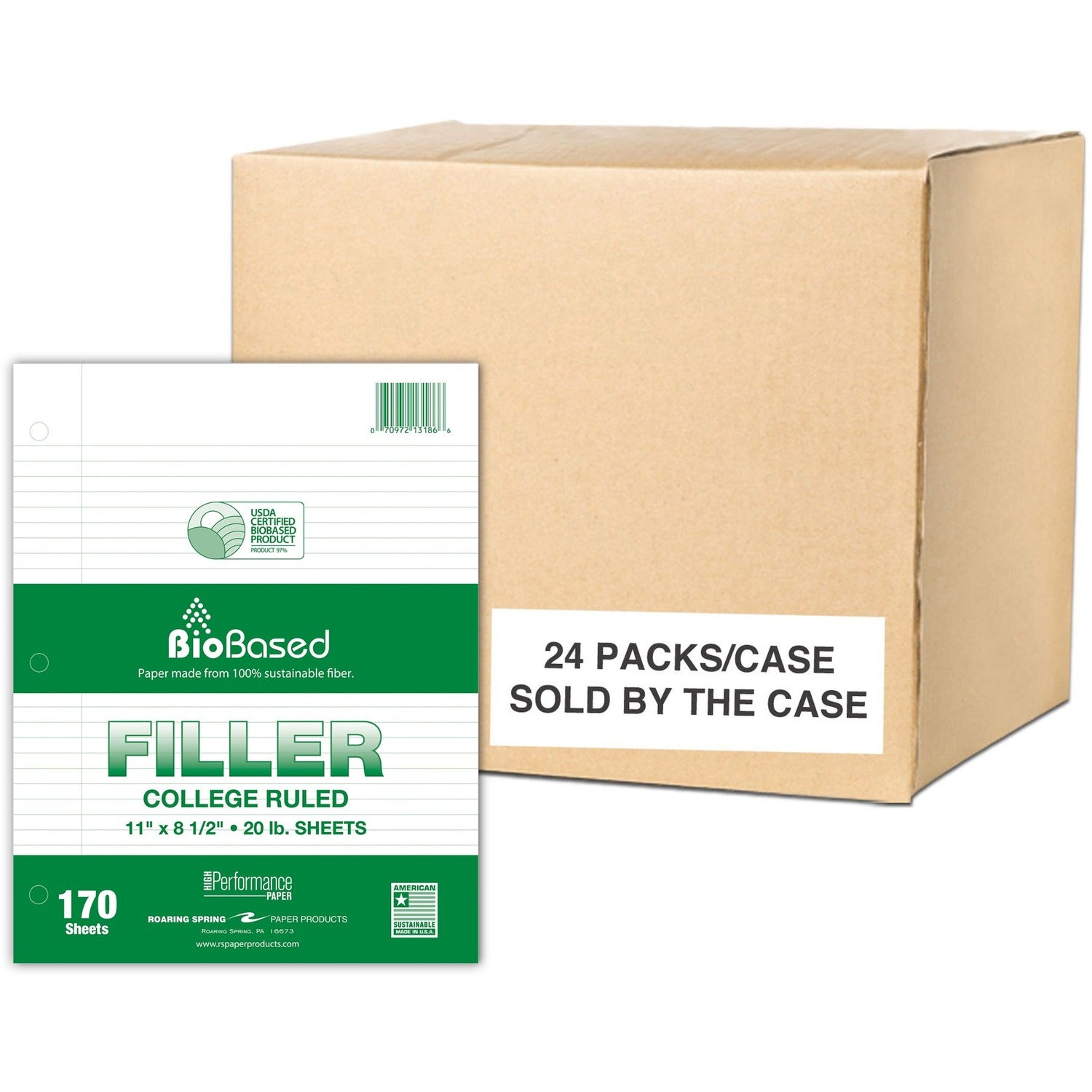 Roaring Spring BioBased Filler Paper, 170 Sheets, 340 Pages, Spiral Bound, College Ruled, 3-Hole Punched, 11" x 8.5", White, 24/Carton