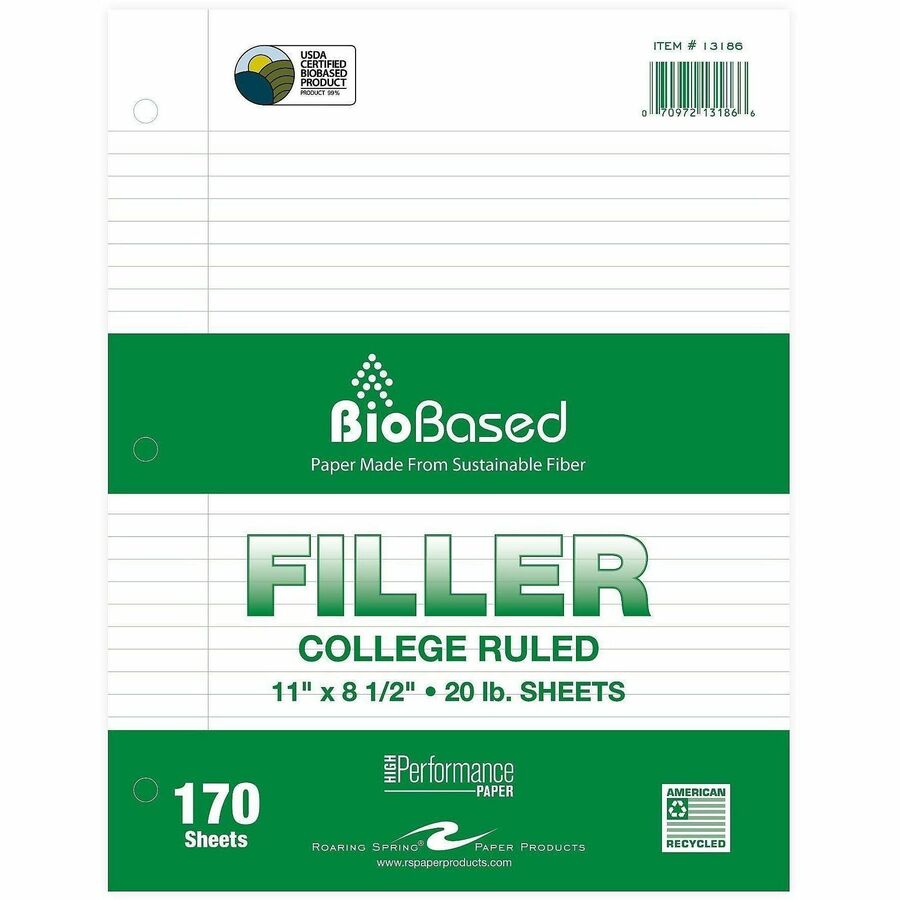 Roaring Spring BioBased Filler Paper, 170 Sheets, 340 Pages, Spiral Bound, College Ruled, 3-Hole Punched, 11" x 8.5", White, 24/Carton