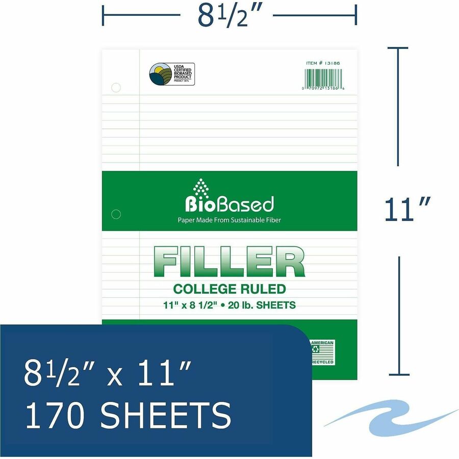 Roaring Spring BioBased Filler Paper, 170 Sheets, 340 Pages, Spiral Bound, College Ruled, 3-Hole Punched, 11" x 8.5", White, 24/Carton