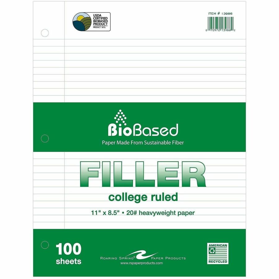 Roaring Spring BioBased Filler Paper, 100 Sheets, 200 Pages, College Ruled, 3-Hole Punched, 20 lb, 11" x 8.5", White, Red Margin, 48 Carton