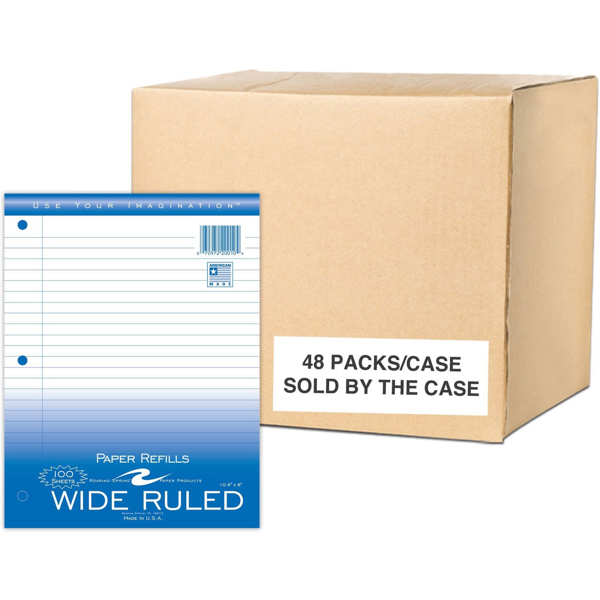 Roaring Spring Filler Paper, 100 Sheets (200 Pages), Wide Ruled, 3-Hole Punched, 10.5" x 8", White, Poly Wrapped, 1 Carton