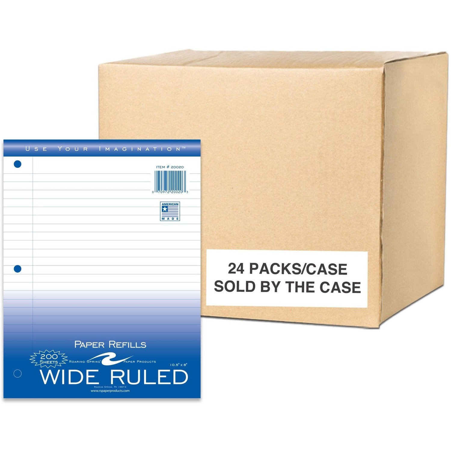 Roaring Spring Filler Paper, 200 Sheets, 400 Pages, Wide Ruled, 3-Hole Punched, White, 10.5" x 8", Red Margin, 24 Carton