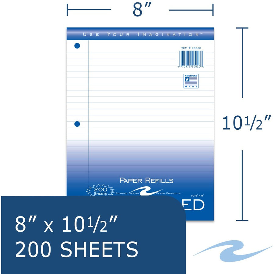 Roaring Spring Filler Paper, 200 Sheets, 400 Pages, Wide Ruled, 3-Hole Punched, White, 10.5" x 8", Red Margin, 24 Carton