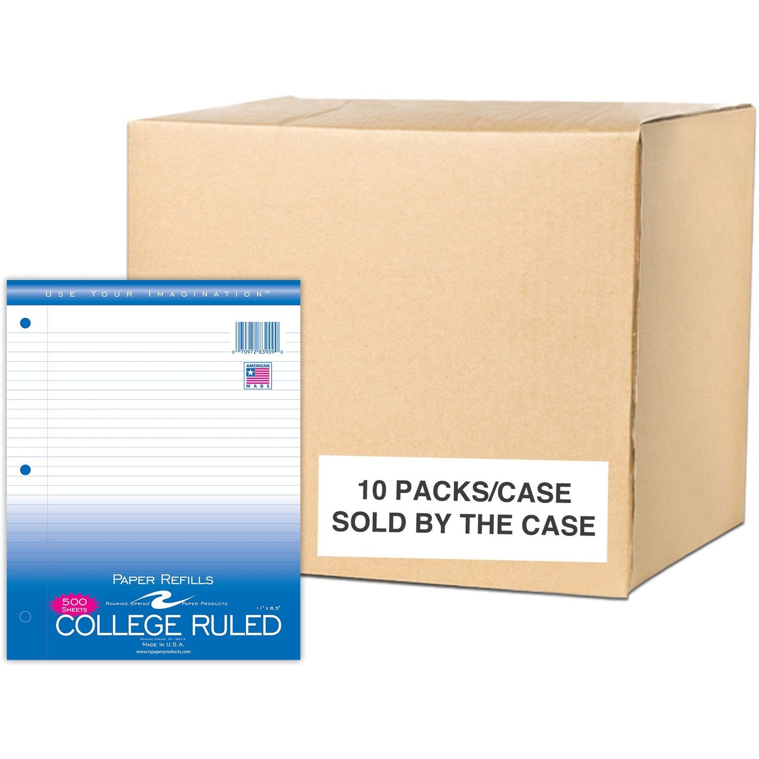 Roaring Spring College Ruled Filler Paper, 500 Sheets, 1000 Pages, 3-Hole Punched, 11" x 8.5", White, 10 Carton