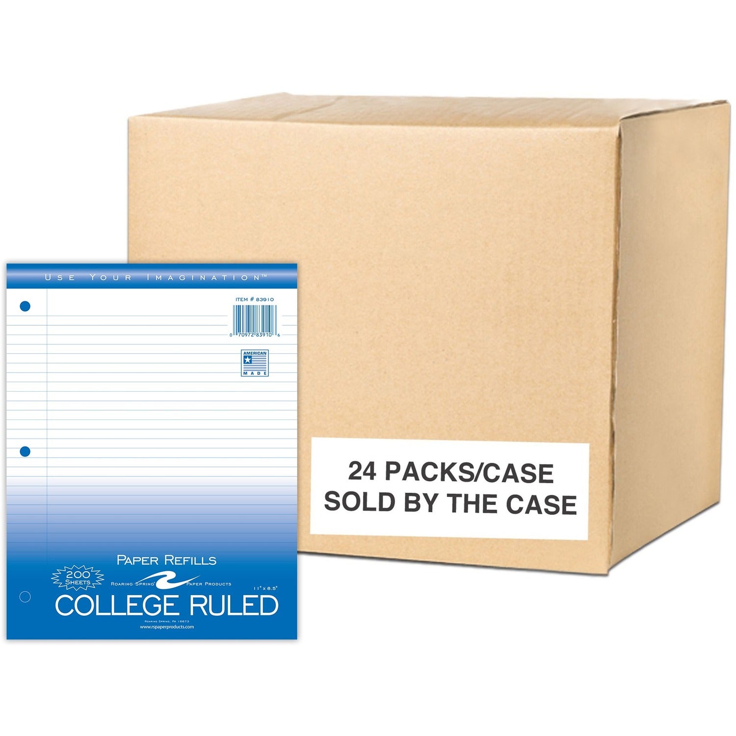 Roaring Spring College Ruled Filler Paper, 200 Sheets per Pack, 400 Pages, 3-Hole Punched, White, 11" x 8.5", Red Margin, 24 Packs per Carton