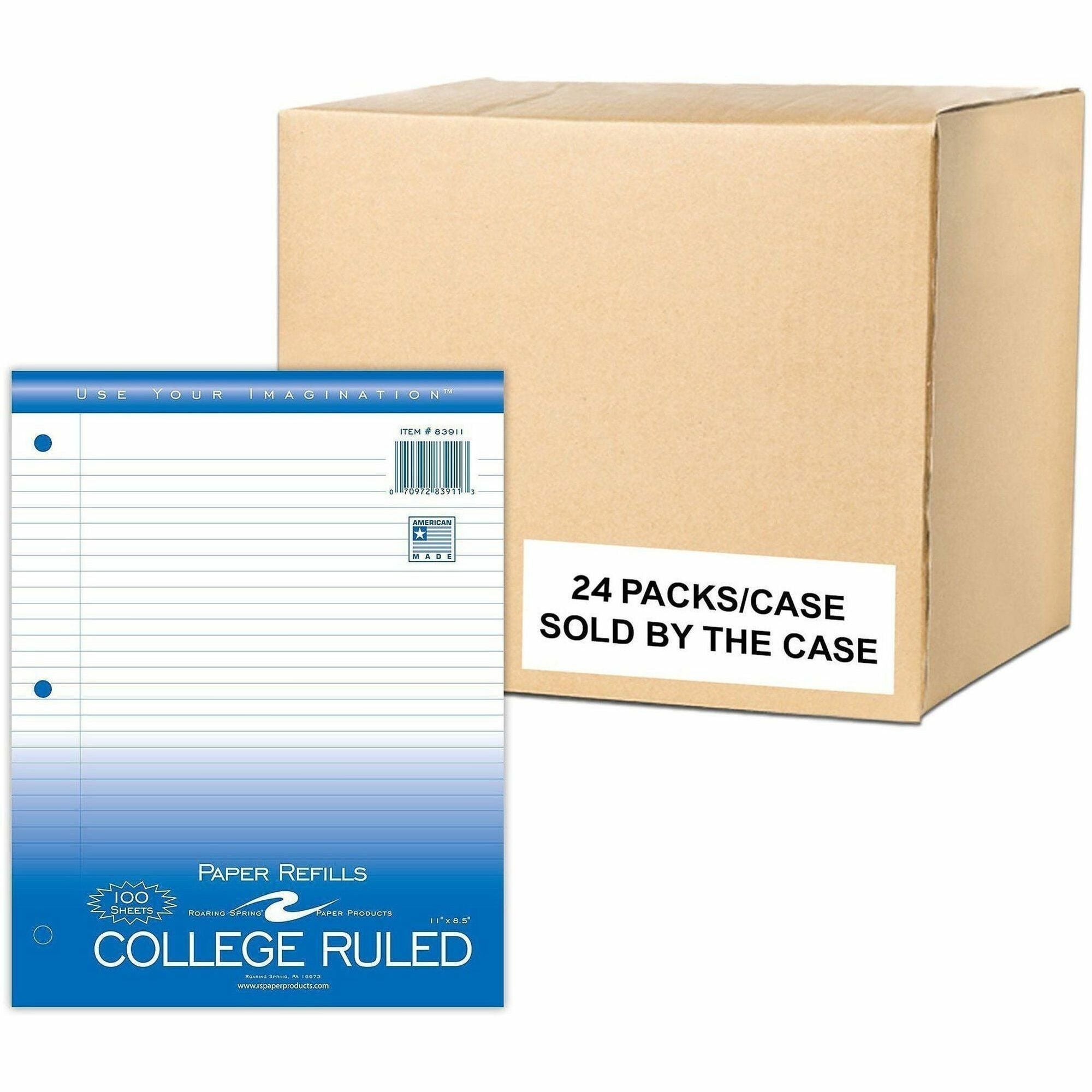 Roaring Spring College Ruled Filler Paper, 100 Sheets per Pack, 200 Pages, 3-Hole Punched, White, 11" x 8.5", Red Margin, 48 Packs per Carton
