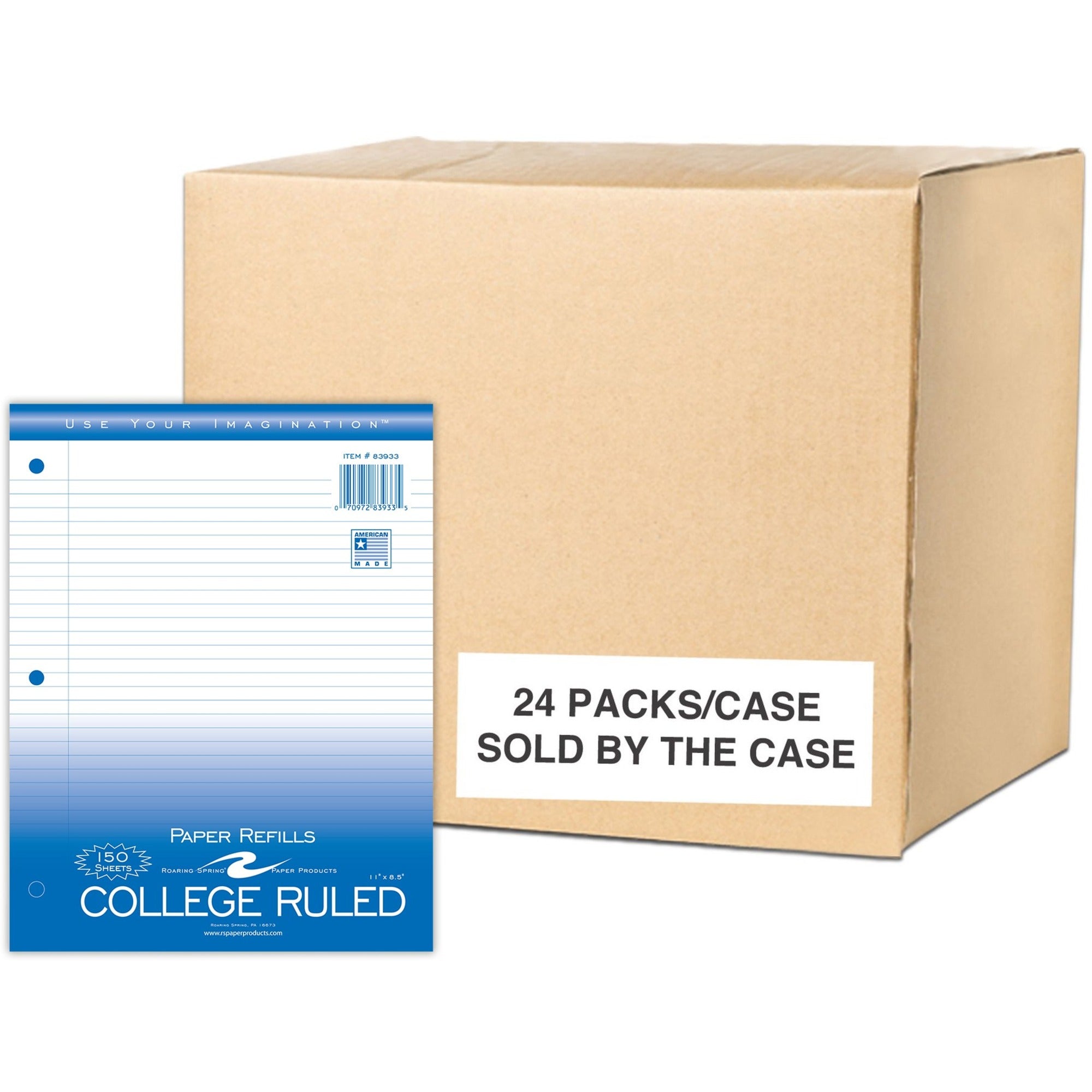 Roaring Spring College Ruled Filler Paper, 150 Sheets per Pack, 300 Pages, 3-Hole Punched, White, 11" x 8.5", Red Margin, 24 Packs per Carton
