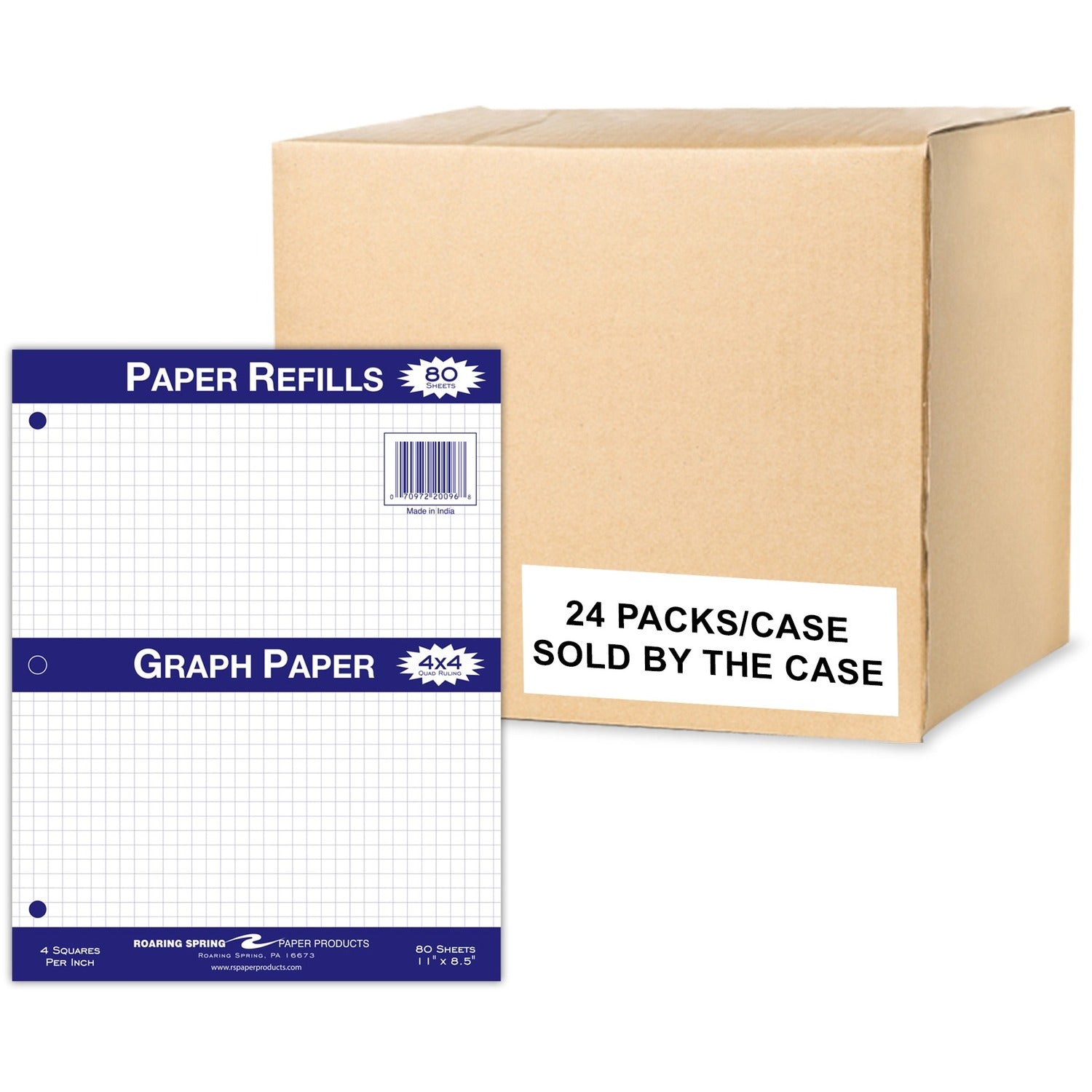 Roaring Spring Graph Filler Paper, 80 Sheets, 160 Pages, 3-Hole Punched, 11" x 8.5", White, 1 Carton