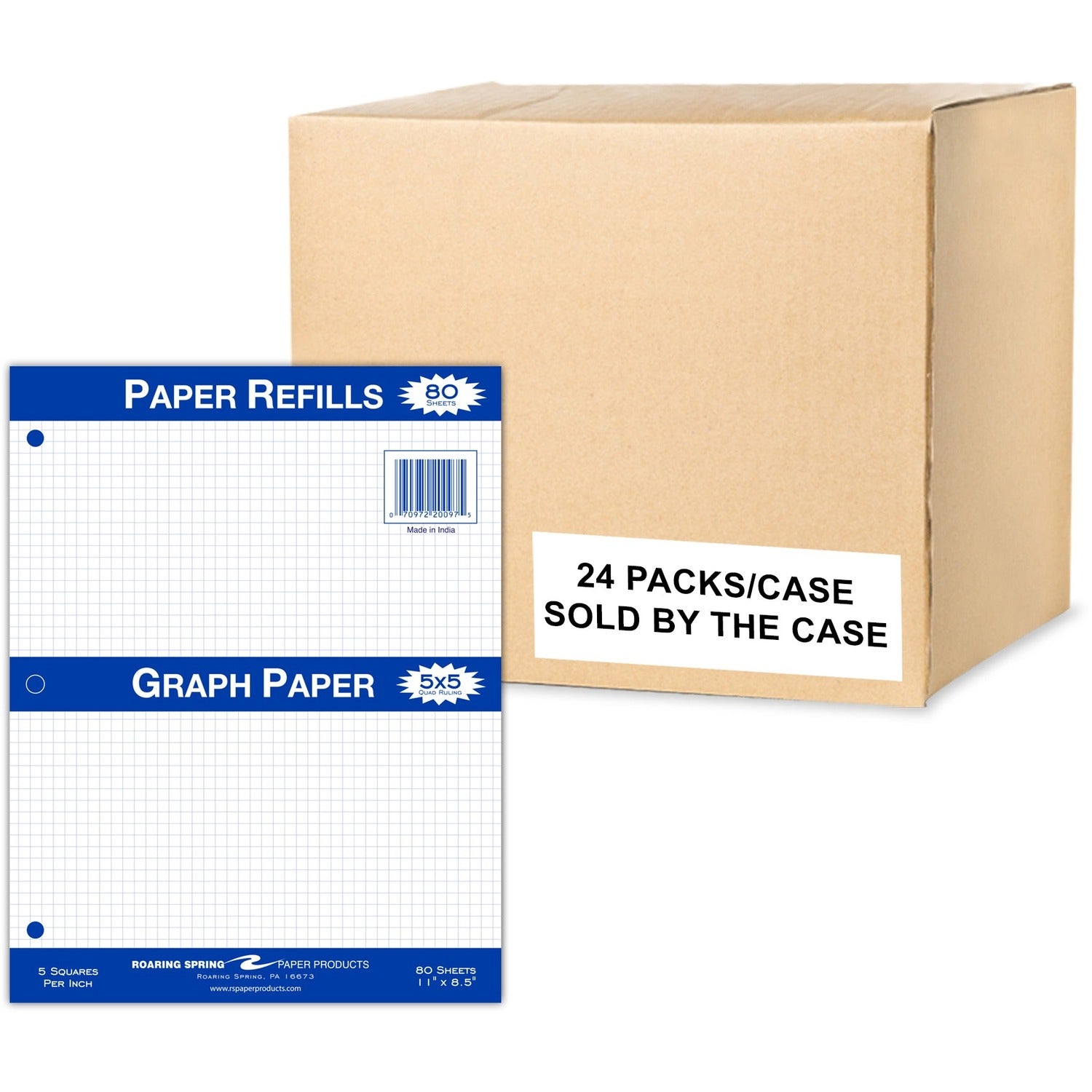 Roaring Spring Graph Filler Paper, 80 Sheets, 160 Pages, 3-Hole Punched, Quad Ruled, 11" x 8.5", White, 1 Carton