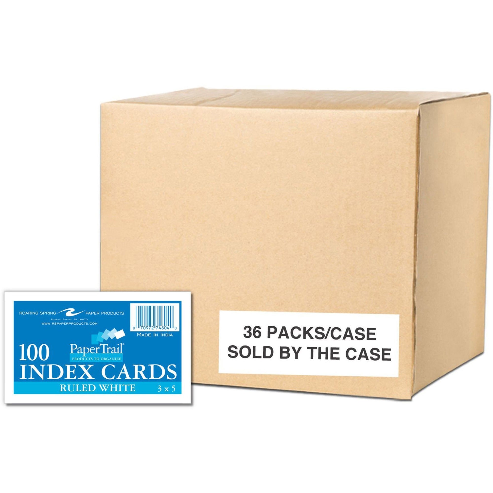 Roaring Spring PaperTrail Ruled Index Cards - 100 Sheets - 200 Pages - Printed - Front Ruling Surface - 43 lb Basis Weight - 160 g/m² Grammage - 5" x 3" Sheet Size - 0.75" Height x 5" Width x 3" Length - White Paper - 100/Pack - 1 Carton