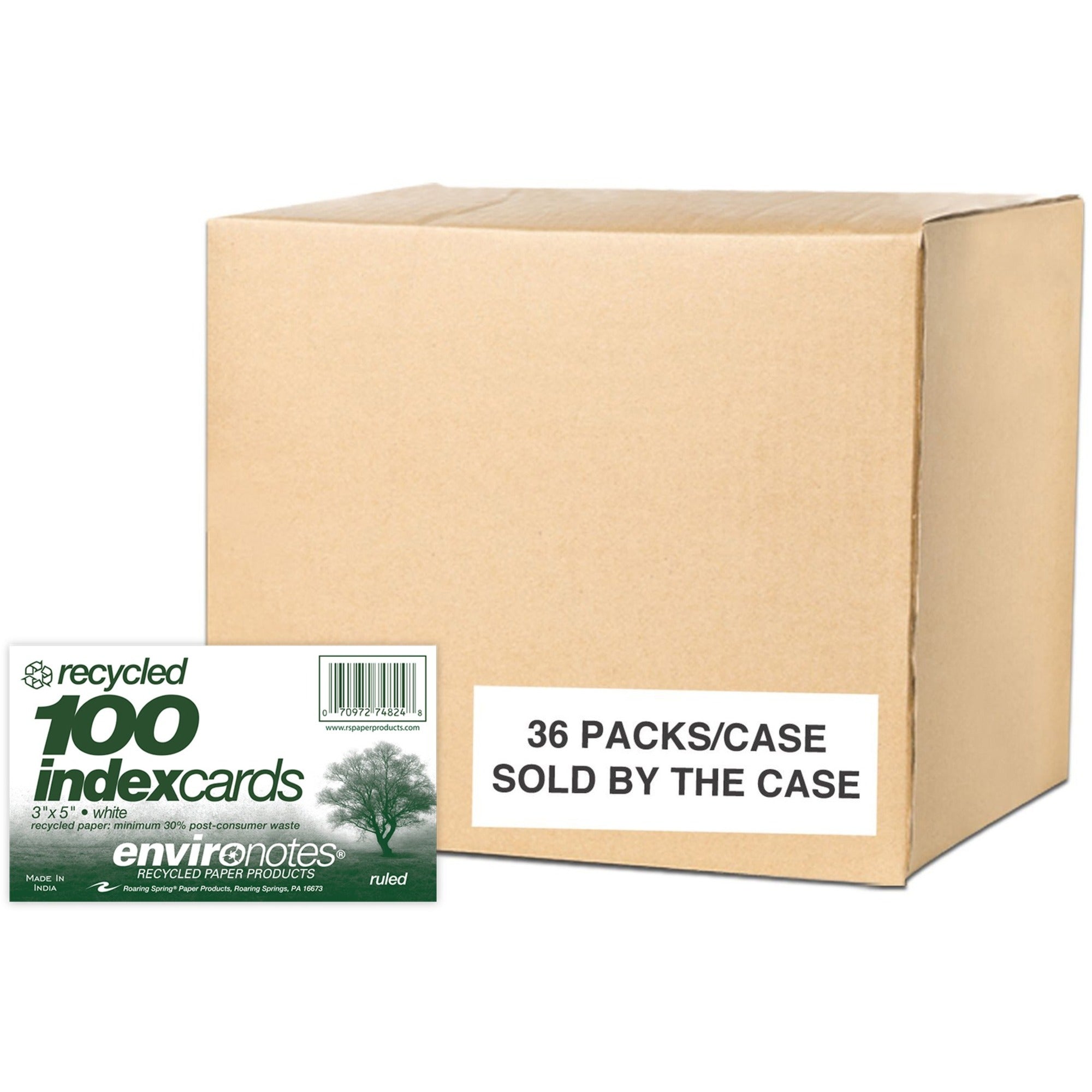 Roaring Spring EnviroNotes Index Cards, 5" x 3", White, Narrow Ruled, 100 Sheets/Pack, 36 Packs/Carton, Recycled Paper