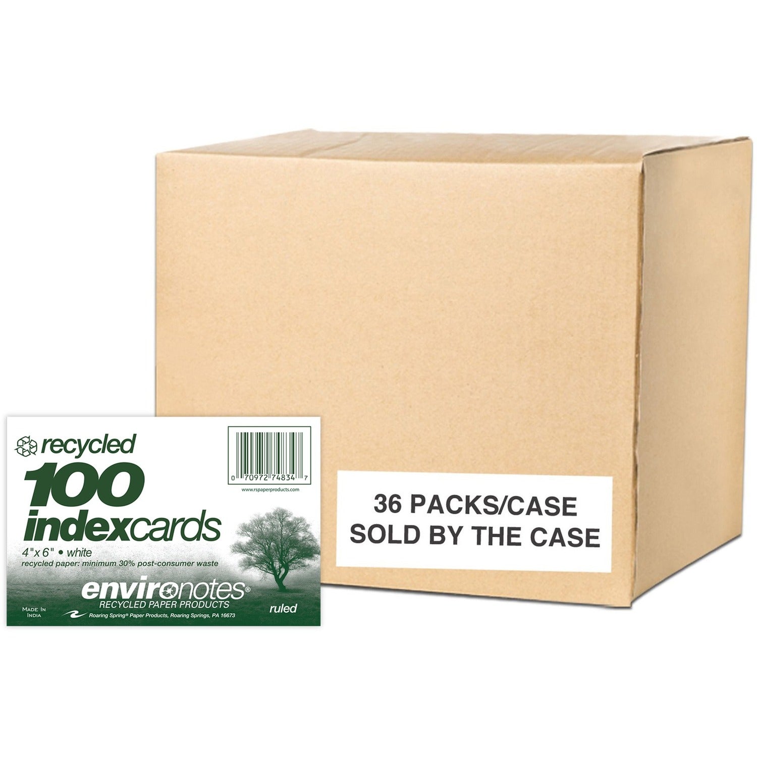Roaring Spring EnviroNotes Index Cards, 6" x 4", White, Printed Front, Narrow Ruled, 100 Sheets per Pack, 36 Packs per Carton, Recycled Paper