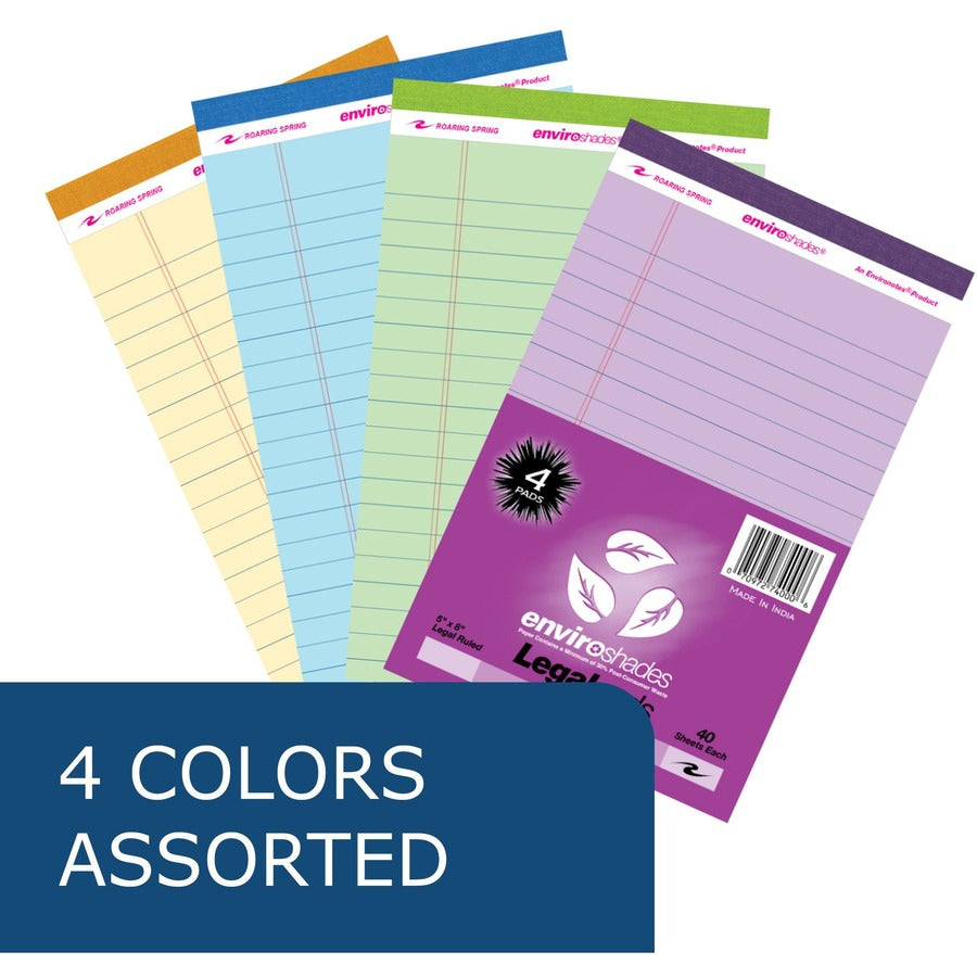 Roaring Spring EnviroShades Legal Pad, 8" x 5", 40 Sheets, 80 Pages, Orchid/Blue/Green/Ivory, Wide Ruled, Double Red Margin, Recycled, 4 Pads per Pack, 1 Carton