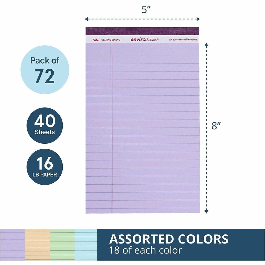 Roaring Spring EnviroShades Legal Pad, 8" x 5", 40 Sheets, 80 Pages, Orchid/Blue/Green/Ivory, Wide Ruled, Double Red Margin, Recycled, 4 Pads per Pack, 1 Carton