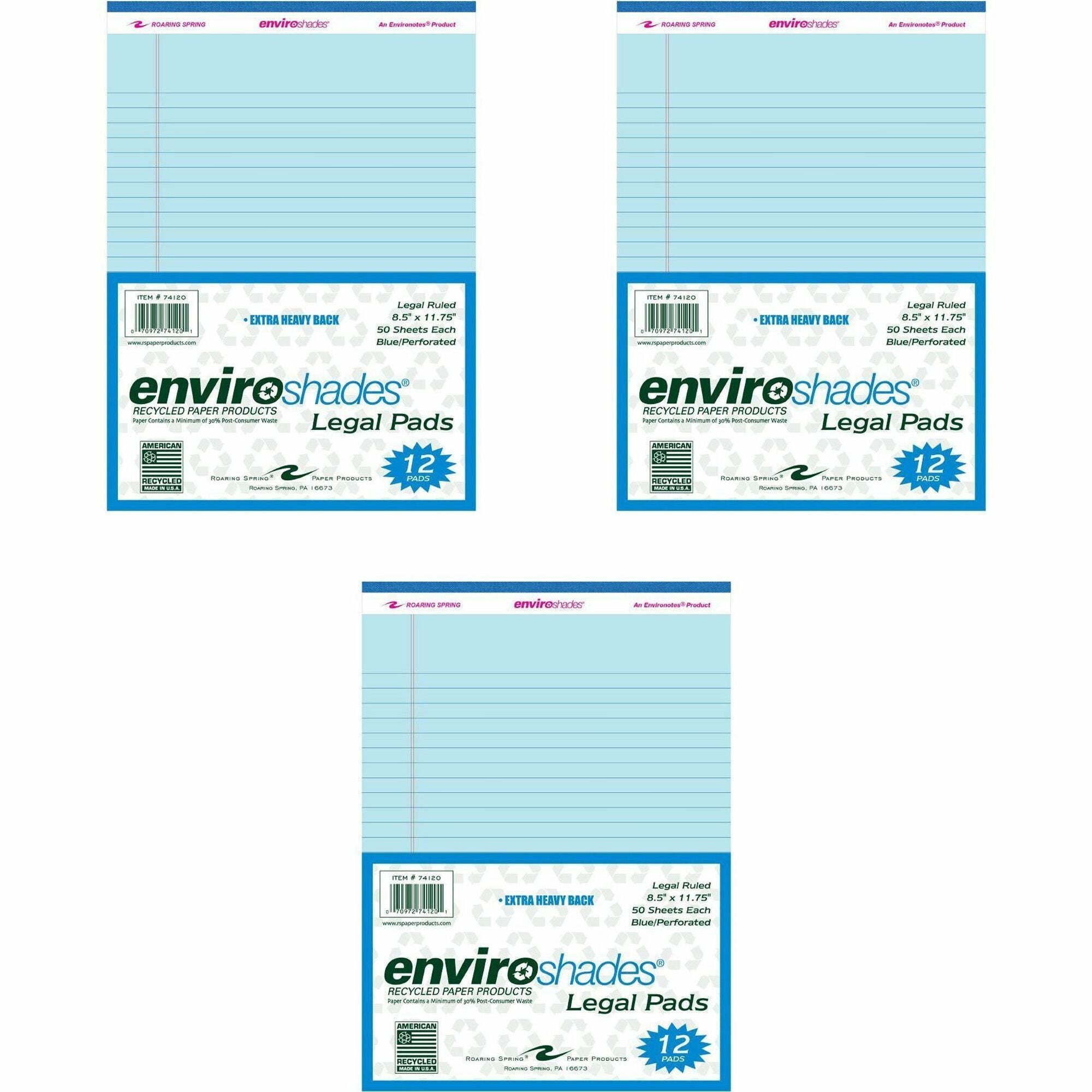Roaring Spring EnviroShades Colored Legal Pad, Blue, 50 Sheets per Pad, 100 Pages, 11-3/4" x 8-1/2", Wide Ruled, Double Red Margin, Stapled/Tapebound, Recycled, 72 Pads per Carton