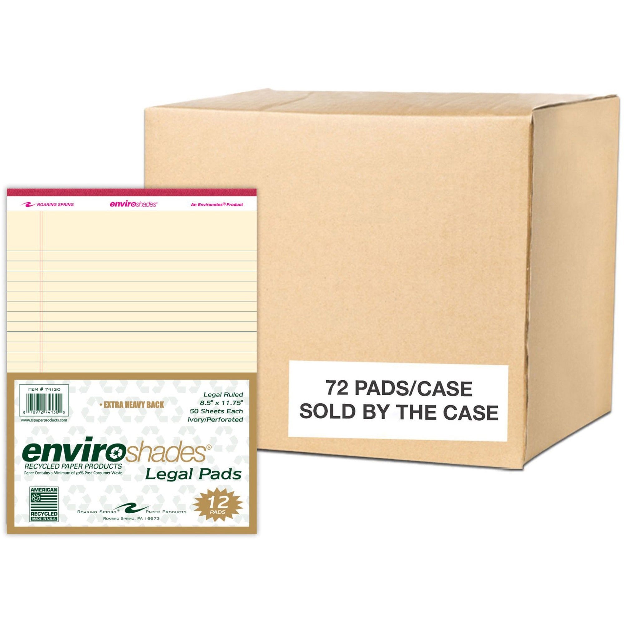 Roaring Spring EnviroShades Colored Legal Pad, 50 Sheets, 100 Pages, Ivory, 11 3/4" x 8 1/2", Double Line Red Margin, Stapled/Tapebound, Chipboard Cover, Recycled, 72 Pads per Carton