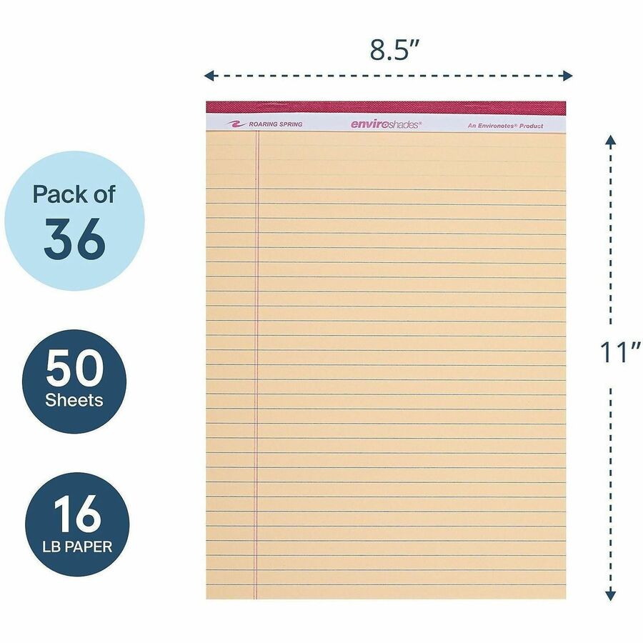Roaring Spring EnviroShades Colored Legal Pad, 50 Sheets, 100 Pages, Ivory, 11 3/4" x 8 1/2", Double Line Red Margin, Stapled/Tapebound, Chipboard Cover, Recycled, 72 Pads per Carton