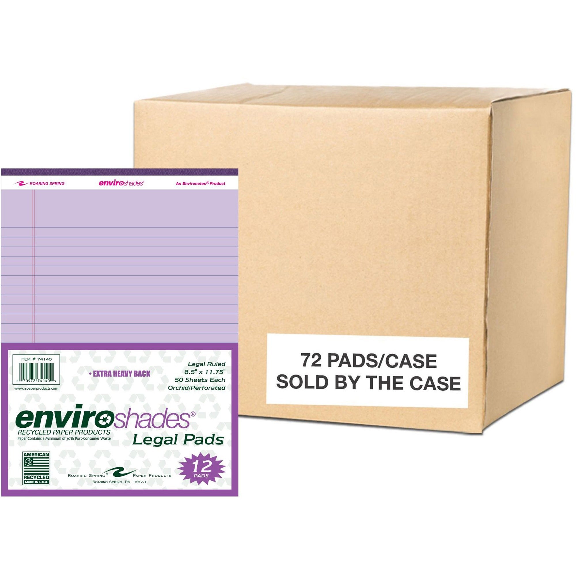 Roaring Spring EnviroShades Colored Legal Pad, Orchid, 11 3/4" x 8 1/2", 50 Sheets, 100 Pages, Double Line Red Margin, Stapled/Tapebound, Recycled, Purple Binding, 72 Pads per Carton