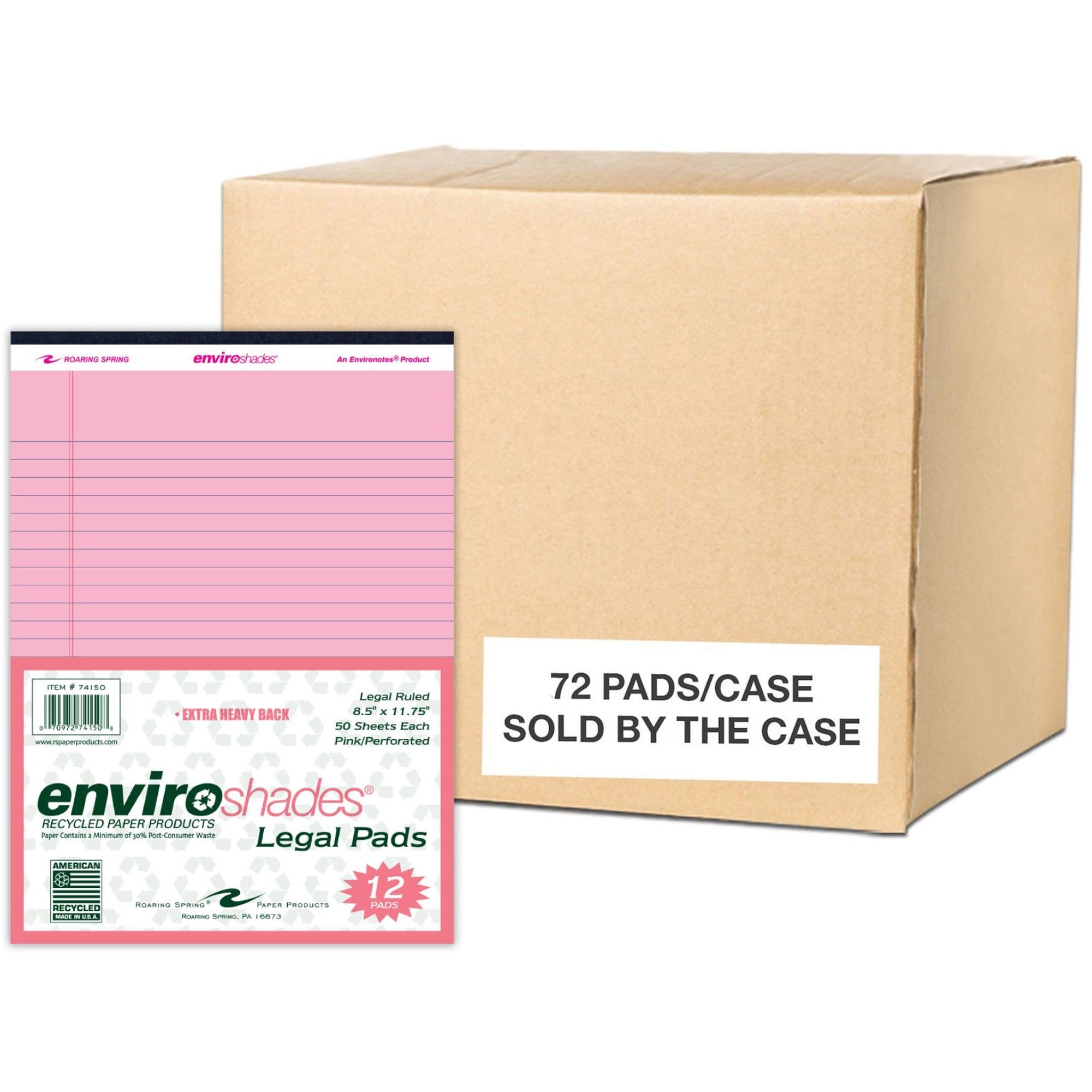 Roaring Spring EnviroShades Colored Legal Pad, Pink, 11 3/4" x 8 1/2", 50 Sheets per Pad, 72 Pads per Carton, Wide Ruled, Double Red Margin, Stapled/Tapebound, Recycled, Chipboard Cover