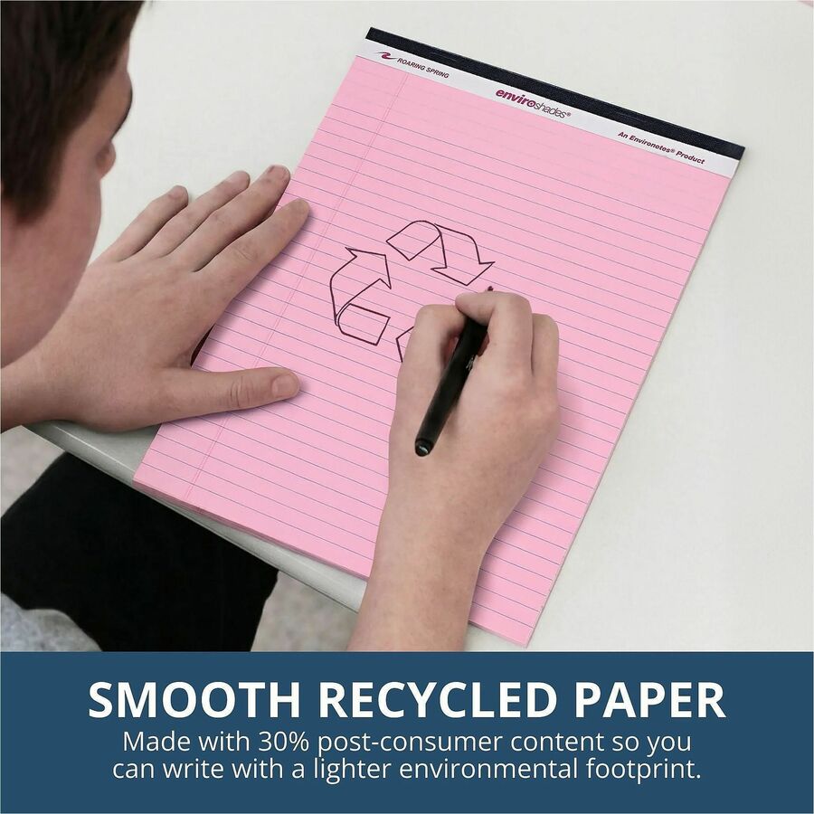 Roaring Spring EnviroShades Colored Legal Pad, Pink, 11 3/4" x 8 1/2", 50 Sheets per Pad, 72 Pads per Carton, Wide Ruled, Double Red Margin, Stapled/Tapebound, Recycled, Chipboard Cover