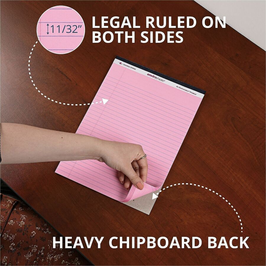 Roaring Spring EnviroShades Colored Legal Pad, Pink, 11 3/4" x 8 1/2", 50 Sheets per Pad, 72 Pads per Carton, Wide Ruled, Double Red Margin, Stapled/Tapebound, Recycled, Chipboard Cover