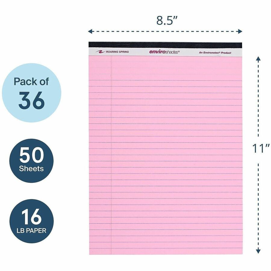 Roaring Spring EnviroShades Colored Legal Pad, Pink, 11 3/4" x 8 1/2", 50 Sheets per Pad, 72 Pads per Carton, Wide Ruled, Double Red Margin, Stapled/Tapebound, Recycled, Chipboard Cover