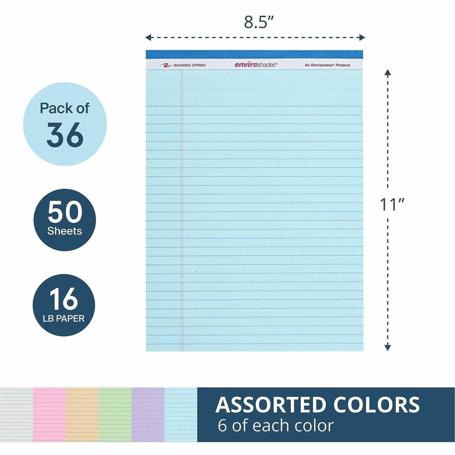 Roaring Spring EnviroShades Legal Pad, 11 3/4" x 8 1/2", 50 Sheets, 100 Pages, Wide Ruled, Assorted Colors, Recycled, Stapled/Tapebound, Chipboard Cover, 6 Pads/Pack, 6 Packs/Carton