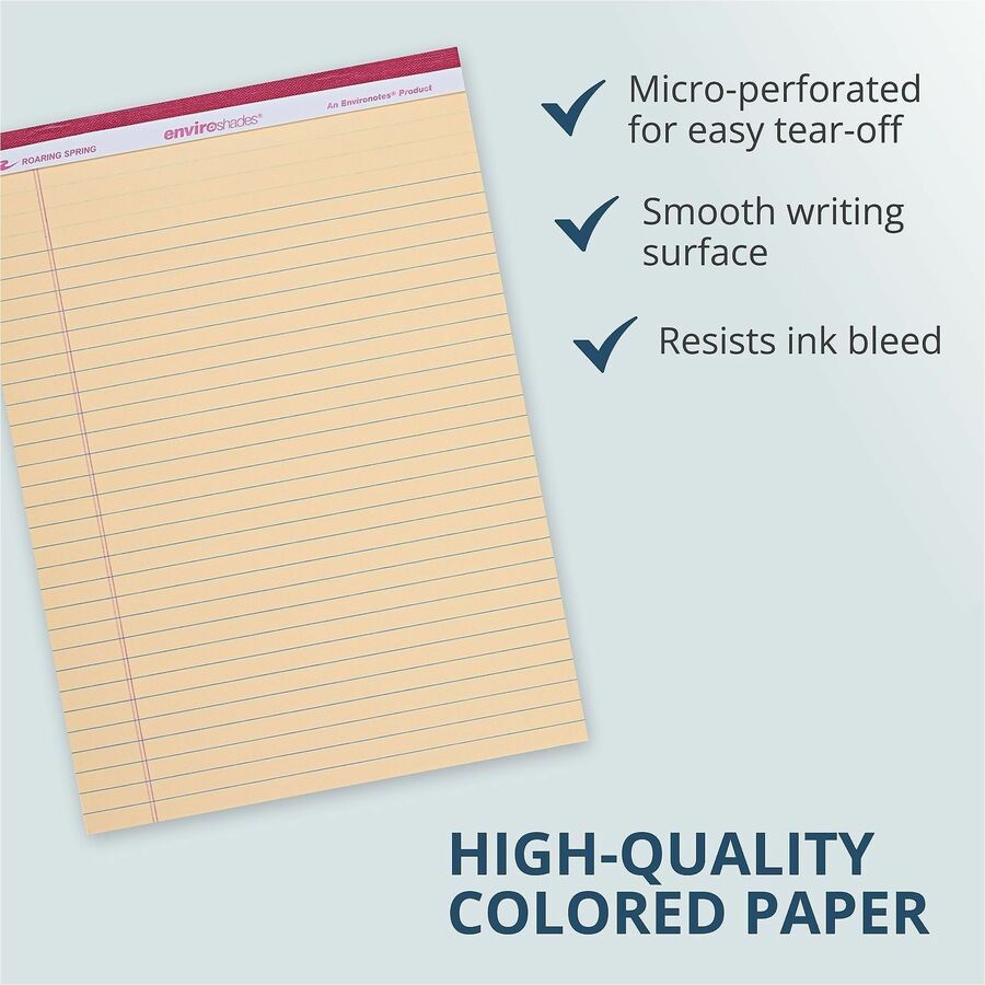 Roaring Spring EnviroShades Legal Pad, 11 3/4" x 8 1/2", 50 Sheets, 100 Pages, Wide Ruled, Assorted Colors, Recycled, Stapled/Tapebound, Chipboard Cover, 6 Pads/Pack, 6 Packs/Carton