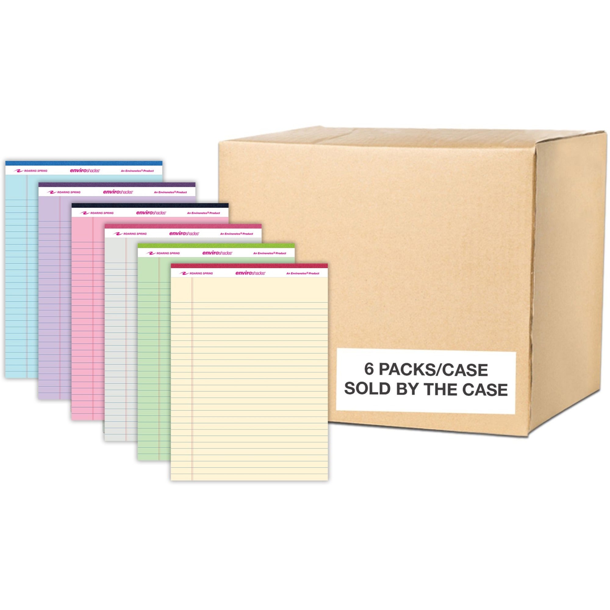 Roaring Spring EnviroShades Legal Pad, 11 3/4" x 8 1/2", 50 Sheets, 100 Pages, Wide Ruled, Assorted Colors, Recycled, Stapled/Tapebound, Chipboard Cover, 6 Pads/Pack, 6 Packs/Carton