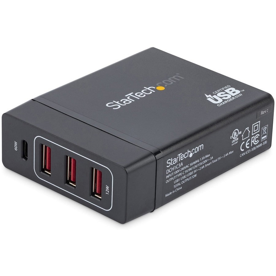 StarTech.com 1 Port USB-C Desktop Charger with 60W Power Delivery - 3 USB Ports