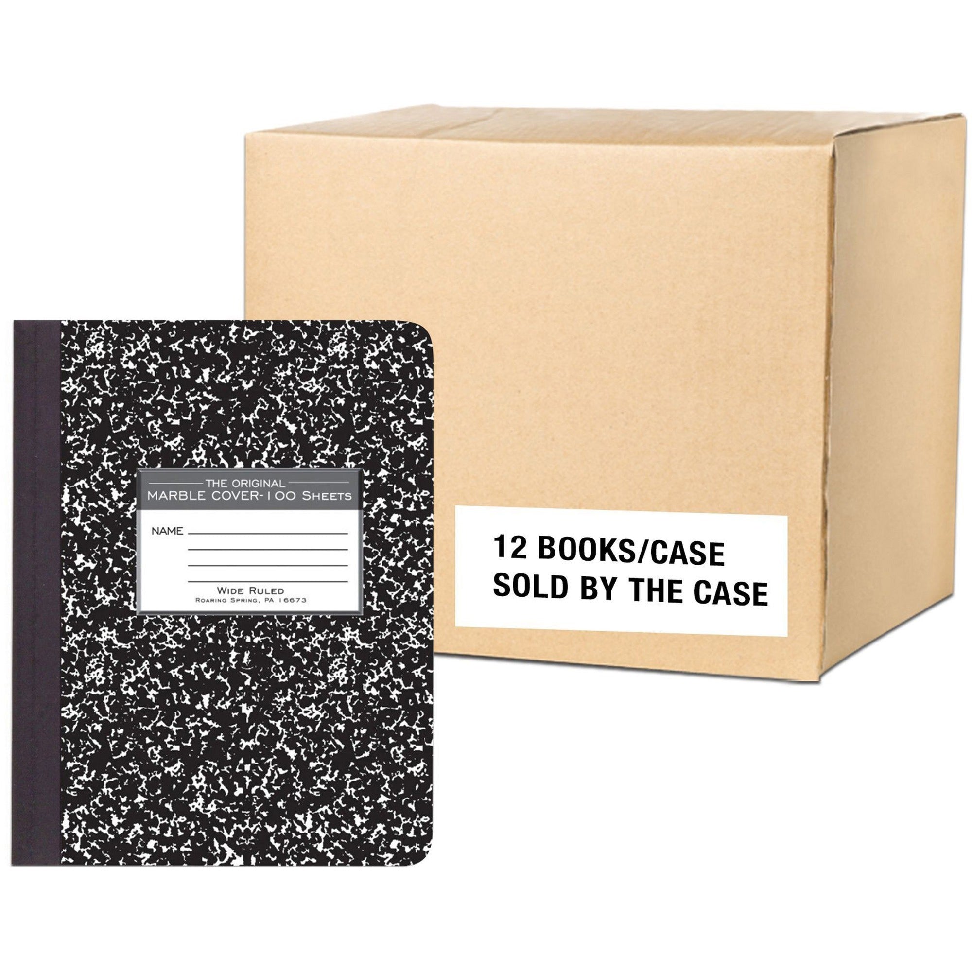 Roaring Spring Marble Comp Book, 100 Sheets, 200 Pages, Wide Ruled, 7.5" x 9.75", Black Marble Hard Cover, Sewn/Tapebound, 1 Carton