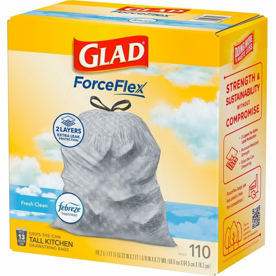 Glad ForceFlex Tall Kitchen Drawstring Trash Bags - Fresh Clean with Febreze Freshness - 13 gal Capacity - 25.38" Length x 23.75" Width x 0.72 mil (18 Micron) Thickness - Drawstring Closure - White - Home, Office/ - 1 Box