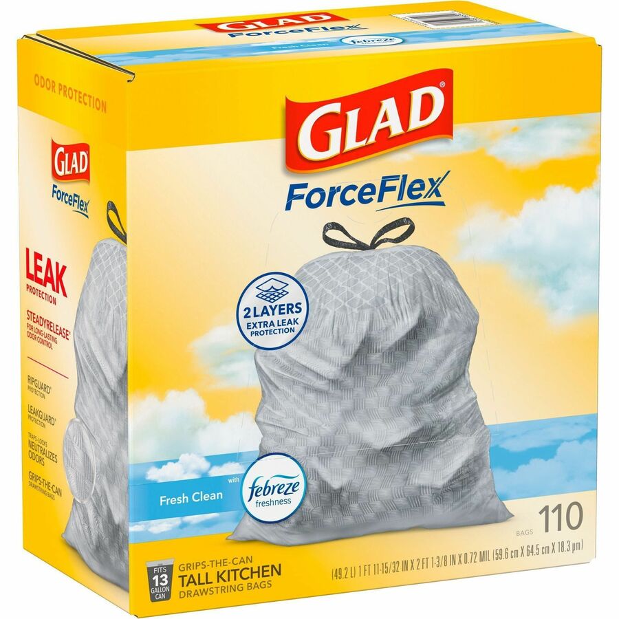 Glad ForceFlex Tall Kitchen Drawstring Trash Bags - Fresh Clean with Febreze Freshness - 13 gal Capacity - 25.38" Length x 23.75" Width x 0.72 mil (18 Micron) Thickness - Drawstring Closure - White - Home, Office/ - 1 Box