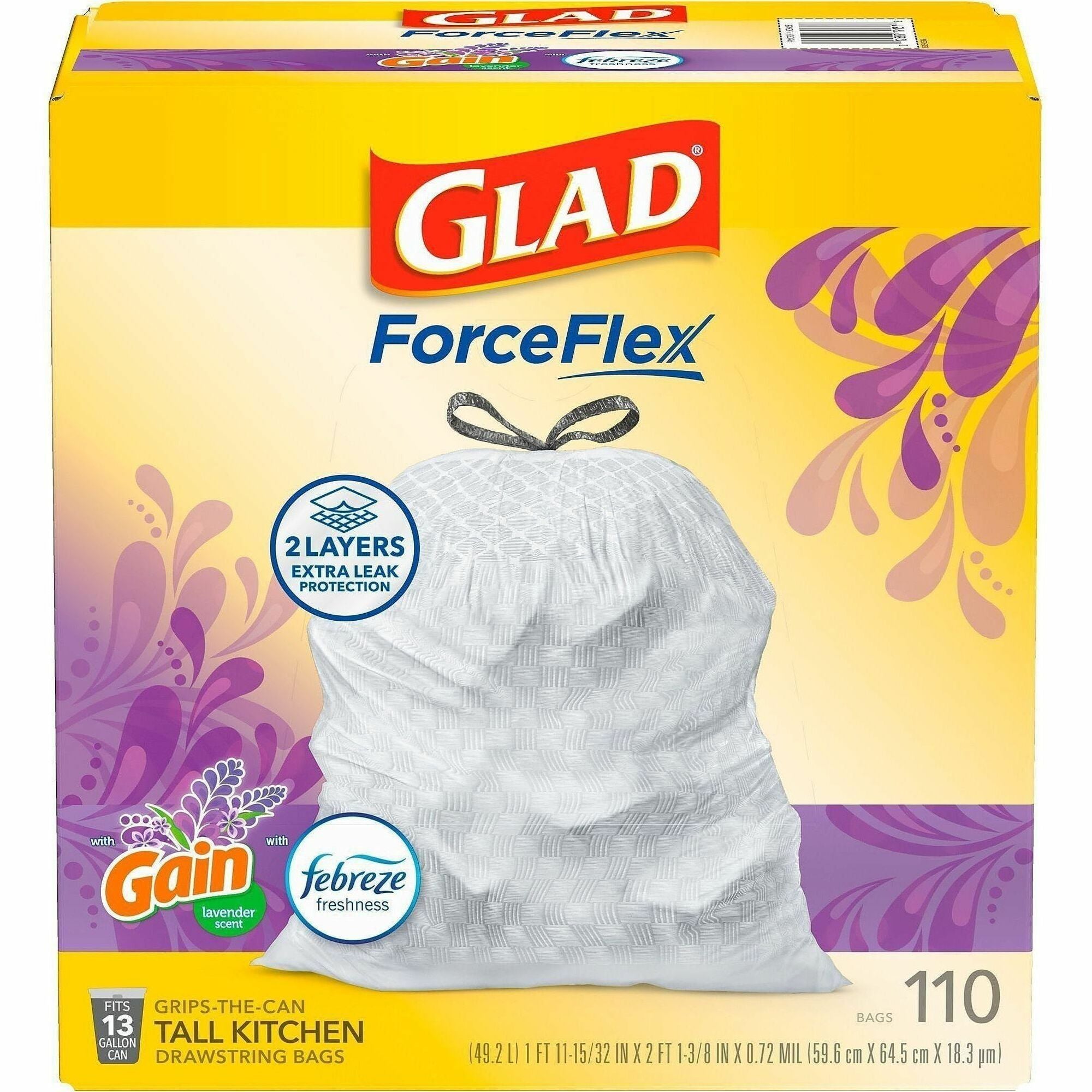 Glad ForceFlex Tall Kitchen Drawstring Trash Bags - Gain Lavender with Febreze Freshness - 13 gal Capacity - 25.38" Length x 23.75" Width x 0.72 mil (18 Micron) Thickness - Drawstring Closure - White - Home, Office/ - 1 Box