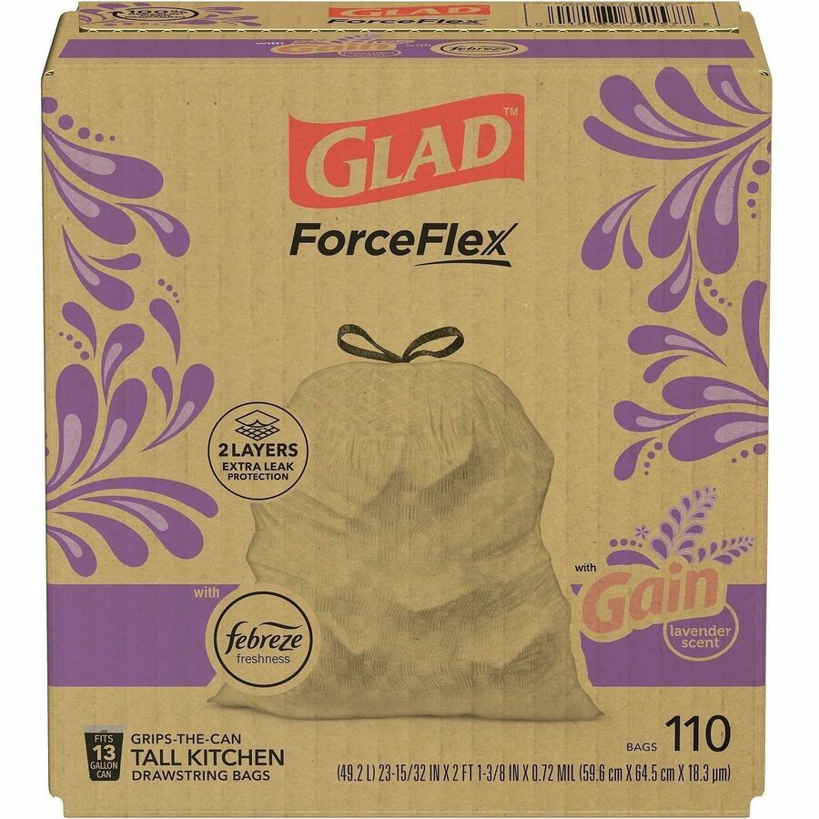 Glad ForceFlex Tall Kitchen Drawstring Trash Bags - Gain Lavender with Febreze Freshness - 13 gal Capacity - 25.38" Length x 23.75" Width x 0.72 mil (18 Micron) Thickness - Drawstring Closure - White - Home, Office/ - 1 Box