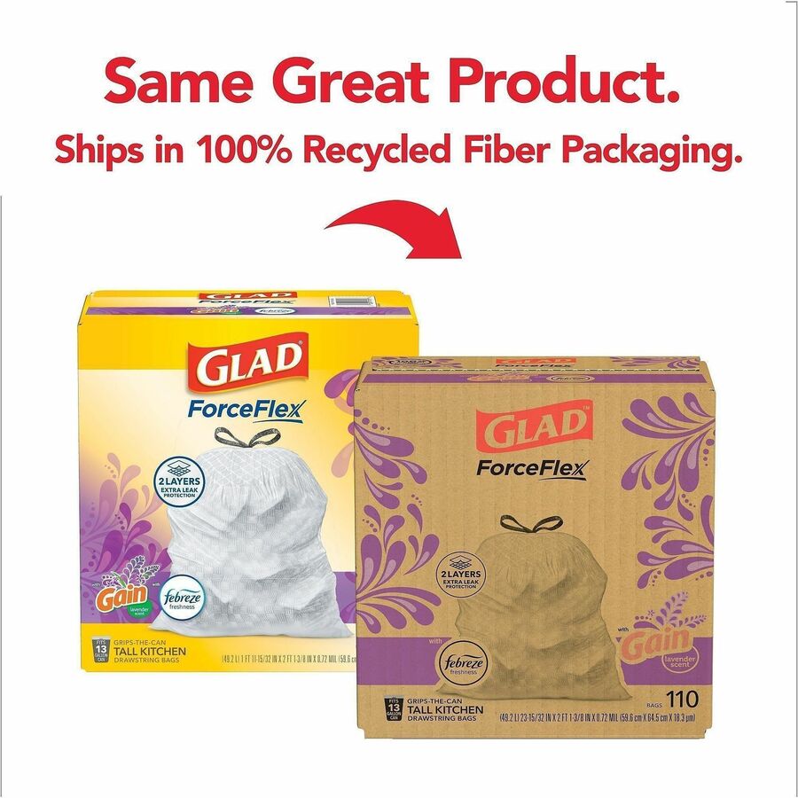 Glad ForceFlex Tall Kitchen Drawstring Trash Bags - Gain Lavender with Febreze Freshness - 13 gal Capacity - 25.38" Length x 23.75" Width x 0.72 mil (18 Micron) Thickness - Drawstring Closure - White - Home, Office/ - 1 Box